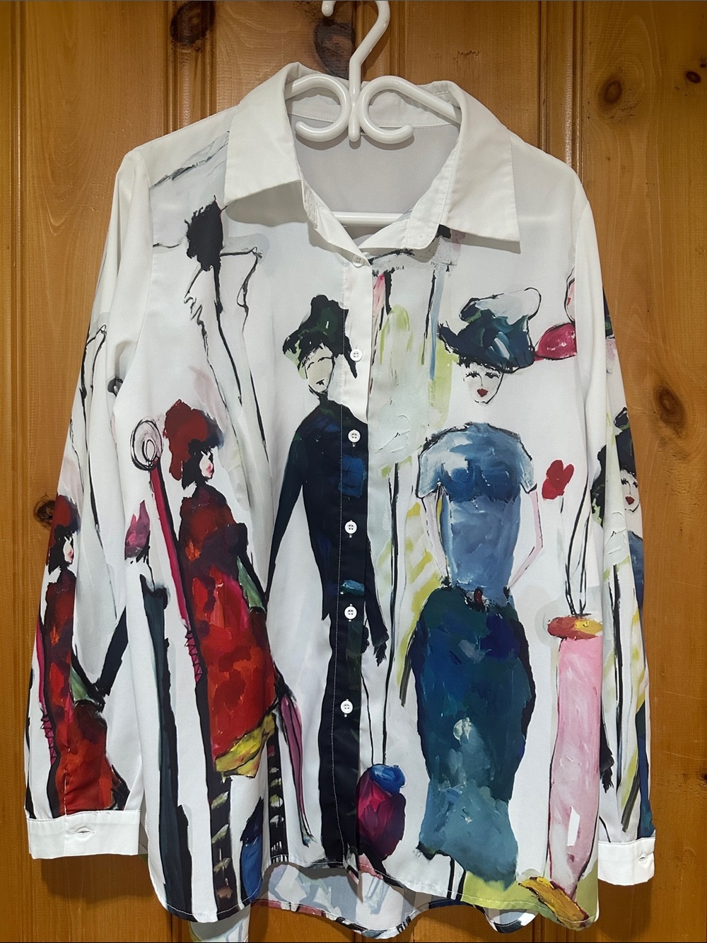 Women’s Painterly Print Button-Up Shirt - White with Multicolor Figures